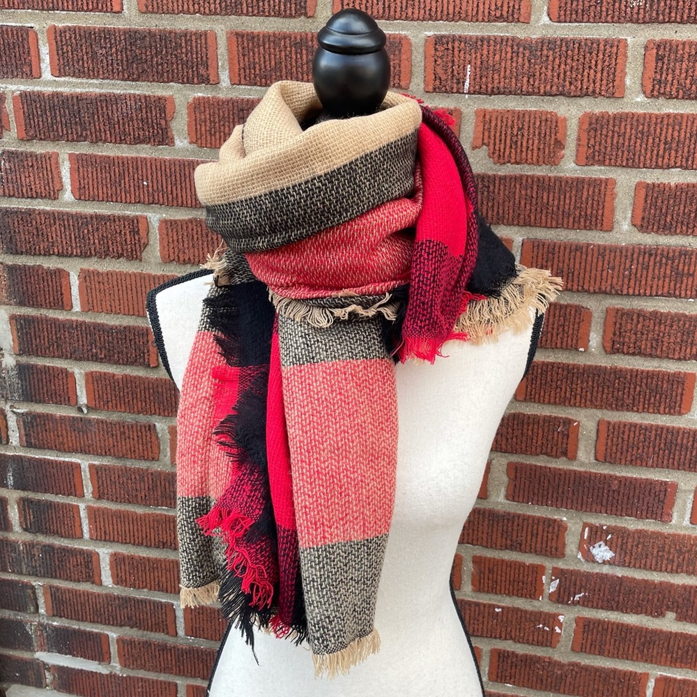 Oversized Plaid Fringe Warm Cozy Winter Fall Scarf Red Black Tan - Picture 7 of 7